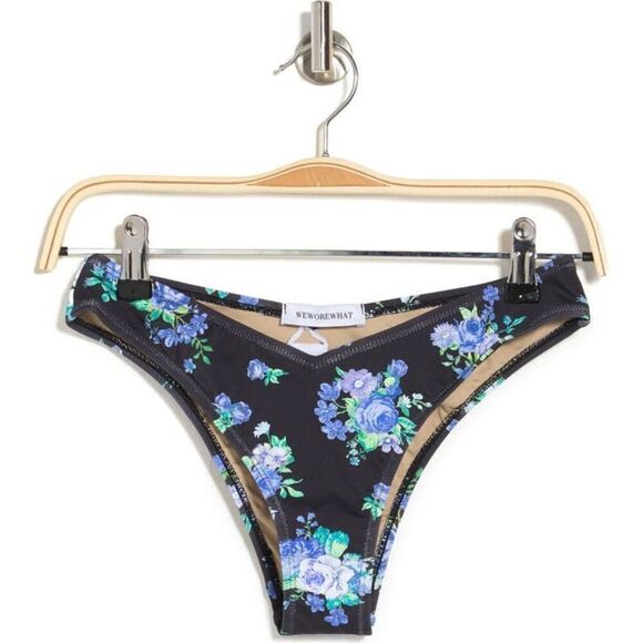 WeWoreWhat Womens Bikini Bottom L V Shaped Black Floral Ruffle Accent Cheeky - Picture 2 of 4